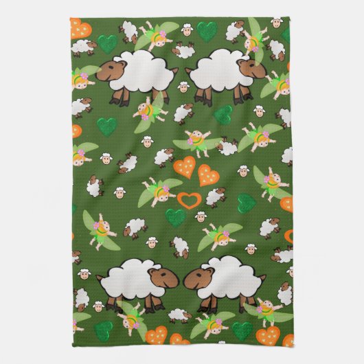 Sheep Green Oranje Hearts Fairy Kitchen Hand Towel Theedoek (Verticaal)