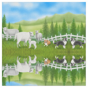 Sheep Herding Border Collie Dogs Fabric Stof