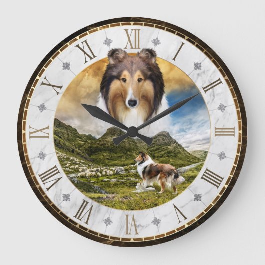 Sheep Herding Sable Rough Collie Dog, Roman Dial - Grote Klok (Voorkant)