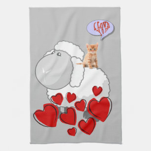 Sheep Kitten Red Hearts Kitchen Handdoeken