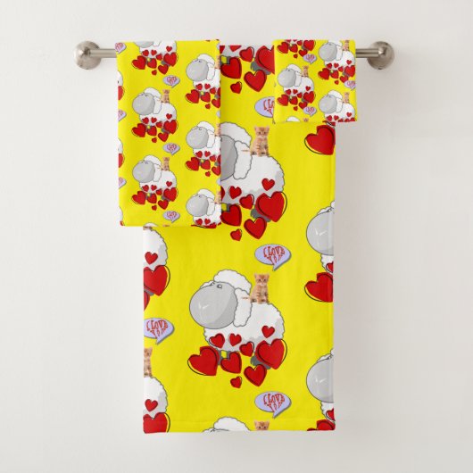 Sheep Red Hearts Kitten Bathroom Towel sets Bad Handdoek (Insitu)
