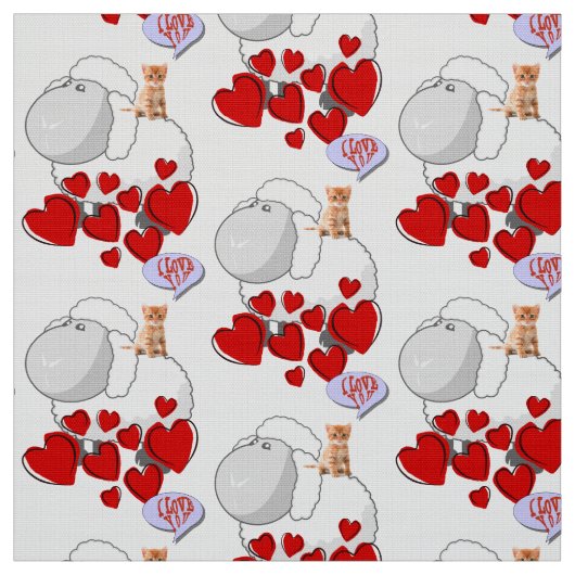 Sheep Red Hearts Kitten Fabric Stof (Swatch)
