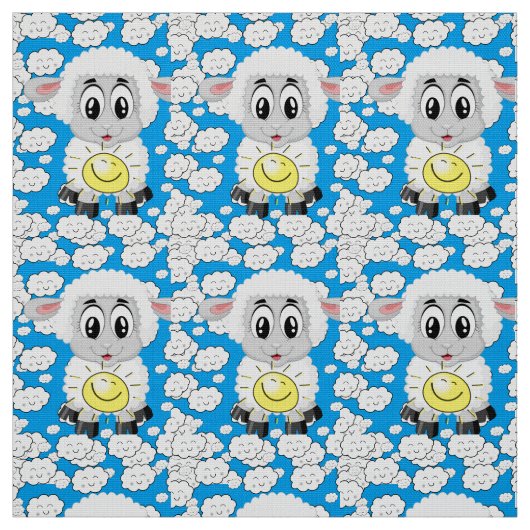Sheep Sun Clouds Blue Fabric Stof (Swatch)