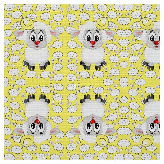 Sheep Sun Clouds Yellow Fabric Stof (Swatch)