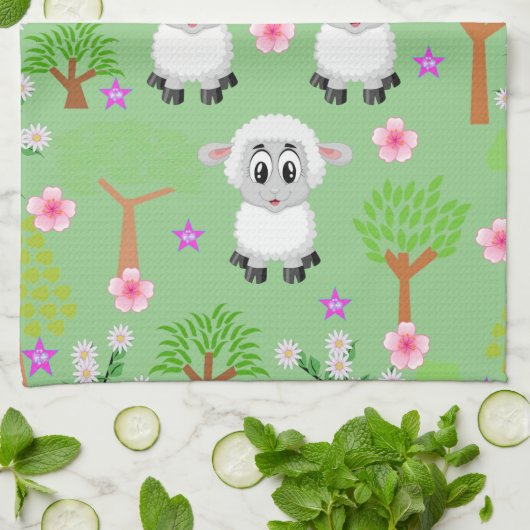 Sheep Trees Floral Kitchen Hand Towel Theedoek (Gevouwen)