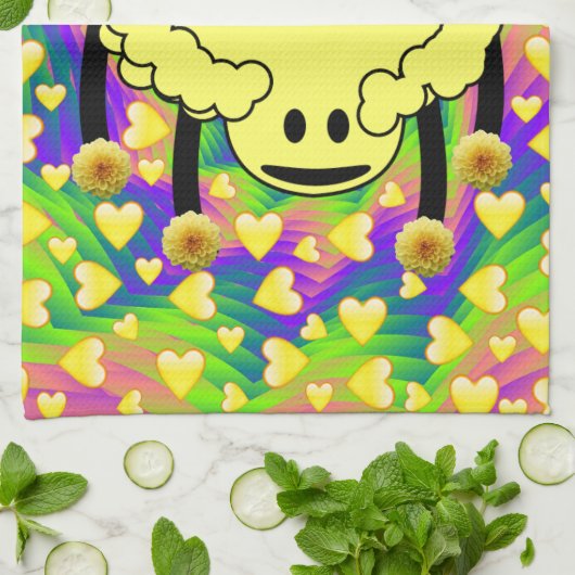 Sheep Yellow Hearts Kitchen Hand Towel Theedoek (Gevouwen)
