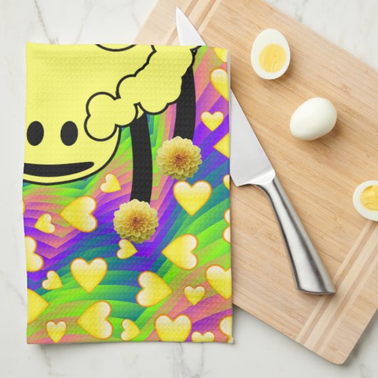 Sheep Yellow Hearts Kitchen Hand Towel Theedoek (Quarter Fold)