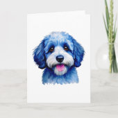 Sheepadodle puppy glimlachend in het blauw! bedankkaart (Voorkant)