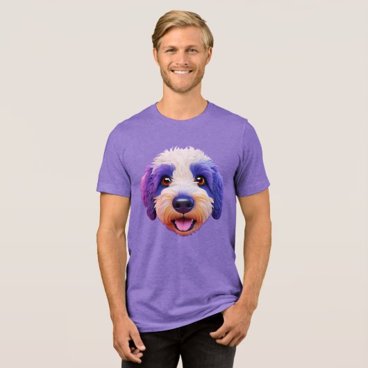 Sheepadoodle blij gezicht paarse gevlekt Tri-Blend shirt (Voorkant volledig)