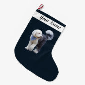 Sheepadoodle Met Blauwe Geruite Sjaal Grote Kerstsok (Voorkant (Hangend))