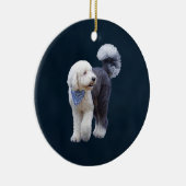 Sheepadoodle Met Blauwe Geruite Sjaal Keramisch Ornament (Rechts)