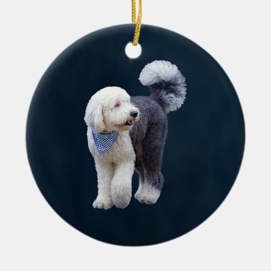Sheepadoodle Met Blauwe Geruite Sjaal Keramisch Ornament (Voorkant)