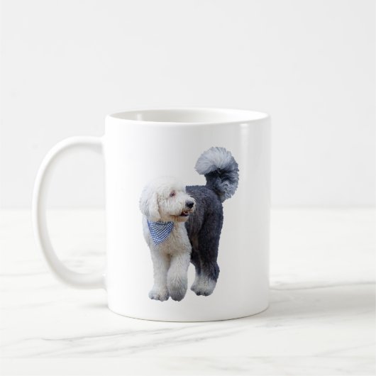 Sheepadoodle Met Blauwe Geruite Sjaal Koffiemok (Links)
