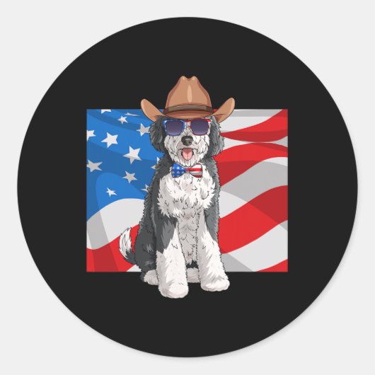 Sheepadoodle Patriotic Merica 4 juli Amerikaans Ronde Sticker (Voorkant)
