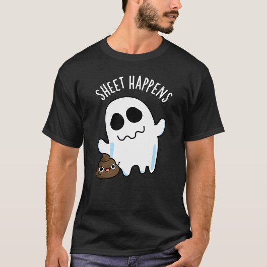 Sheet Happens Grappige Ghost Pun Donker BG T-shirt (Voorkant)