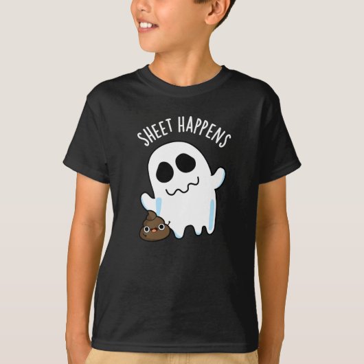 Sheet Happens Grappige Ghost Pun Donker BG T-shirt (Voorkant)