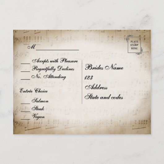 Sheet Music RSVP Dinner Choices Postcard Uitnodiging Briefkaart (Achterkant)