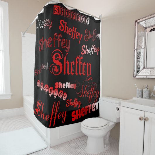 Sheffey Fonts - Shades of Red op Black Douchegordijn (In situ)