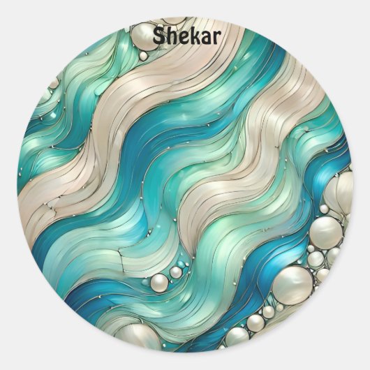 SHEKAR ~ GLANZEND Blauw Wit Abstract ~ Ronde Sticker (Voorkant)