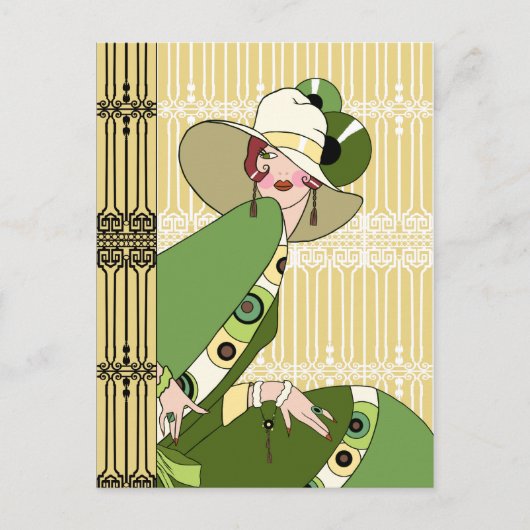 Shelby, jaren 20 Art Deco Lady in Geel en Olive Briefkaart (Voorkant)