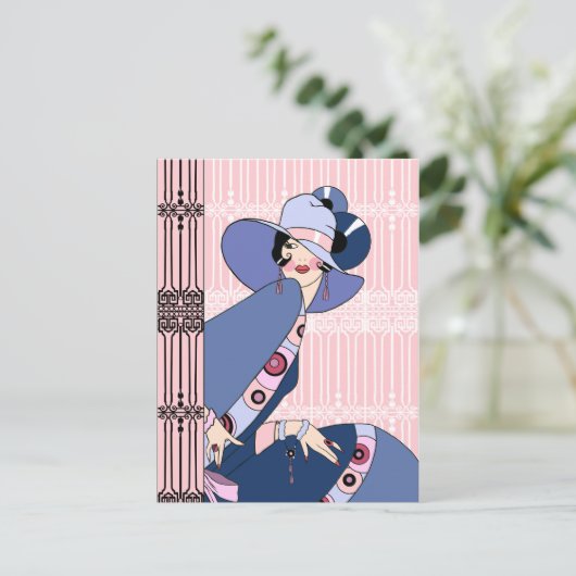 Shelby, jaren 20 Art Deco Lady in Roze en Blauw Briefkaart (Staand voorkant)