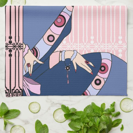 Shelby, jaren 20 Art Deco Lady in Roze en Blauw Theedoek (Gevouwen)