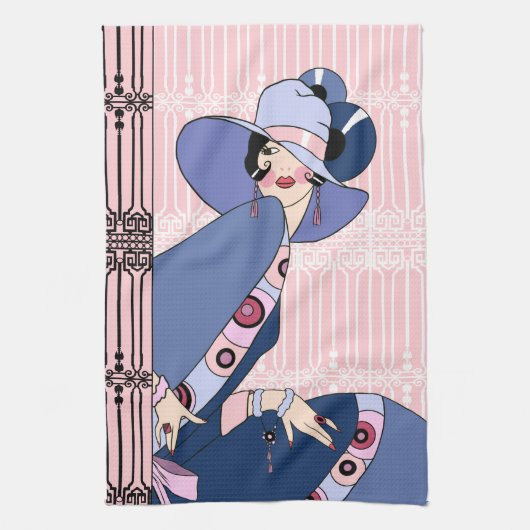 Shelby, jaren 20 Art Deco Lady in Roze en Blauw Theedoek (Verticaal)