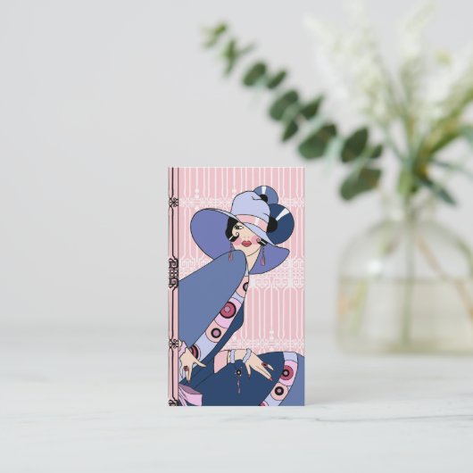Shelby, jaren 20 Art Deco Lady in Roze en Blauw Visitekaartje (Staand voorkant)