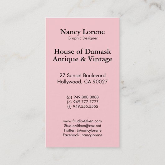 Shelby, jaren 20 Art Deco Lady in Roze en Blauw Visitekaartje (Achterkant)