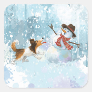 Sheldon de Sheltie en de Sneeuwman Vierkante Sticker