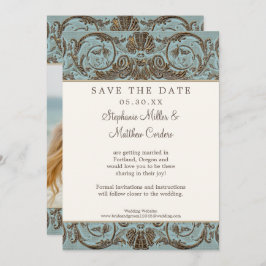  Shell Baroque Blue Scroll Save the Date Kaart