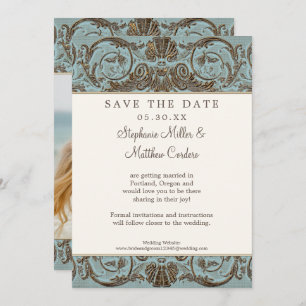  Shell Baroque Blue Scroll Save the Date Kaart