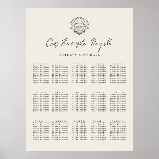Shell Beach Ocean Bruiloft 15 Tafel Zitkaarten Poster (Voorkant)