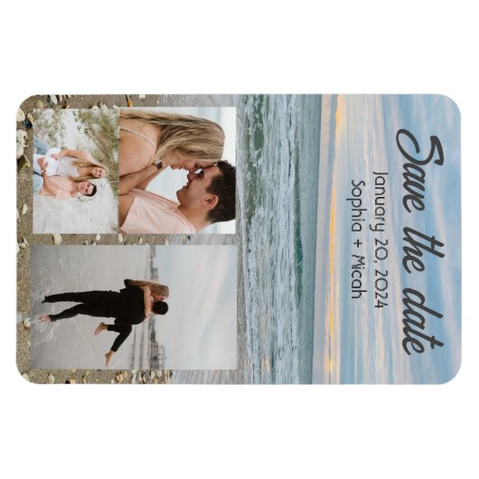 Shell blauw strandmagneet save-the-date sjabloon magneet (Horizontaal)