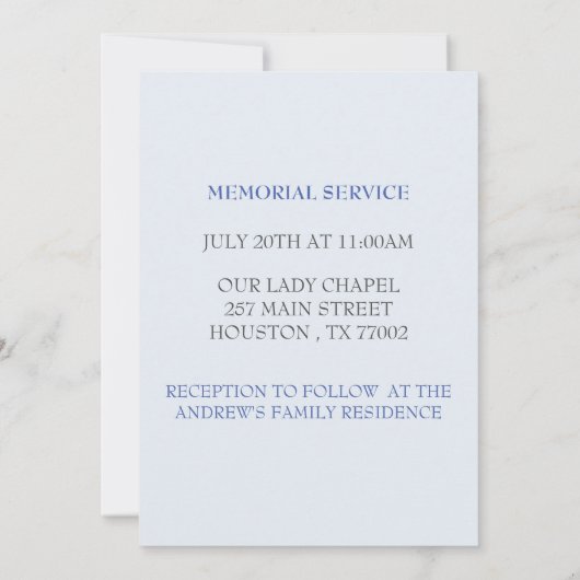 Shell Blue begrafenis herdenking Kaart (Achterkant)