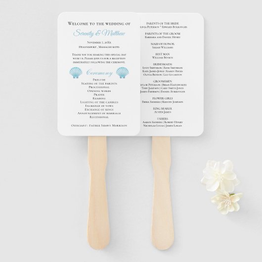 Shell Blue Nautical Beach Wedding Programma Handwaaier (Voorkant en achterkant)