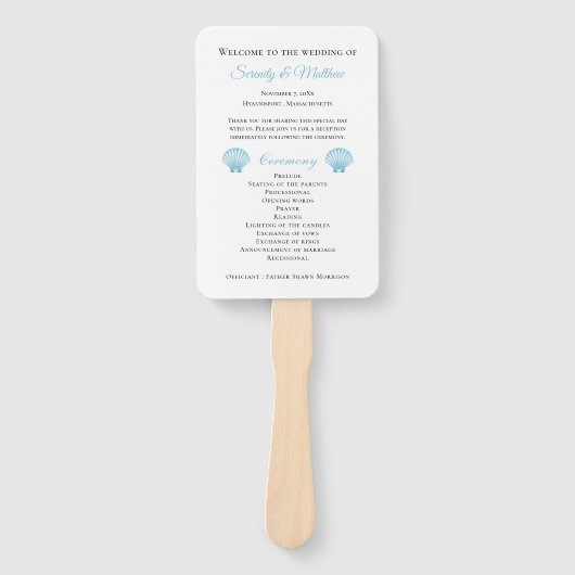 Shell Blue Nautical Beach Wedding Programma Handwaaier (Voorkant)