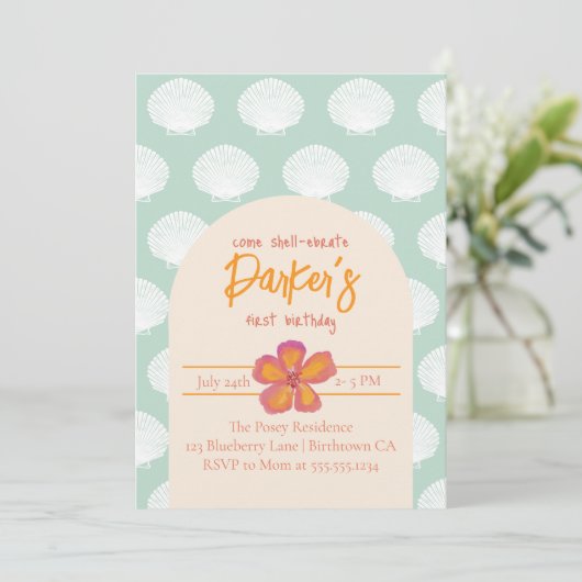 "Shell-Celebration" Kuststrand Feestthema Kaart (Staand voorkant)