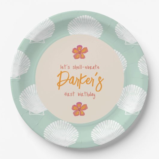 "Shell-Celebration" Kuststrand Feestthema Papieren Bordje (Voorkant)
