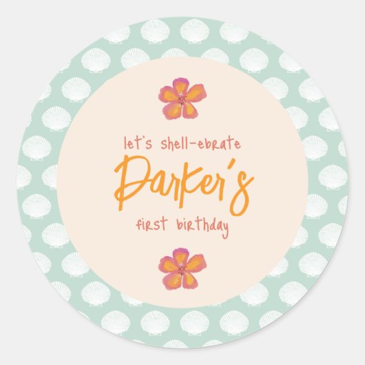 "Shell-Celebration" Kuststrand Feestthema Ronde Sticker (Voorkant)