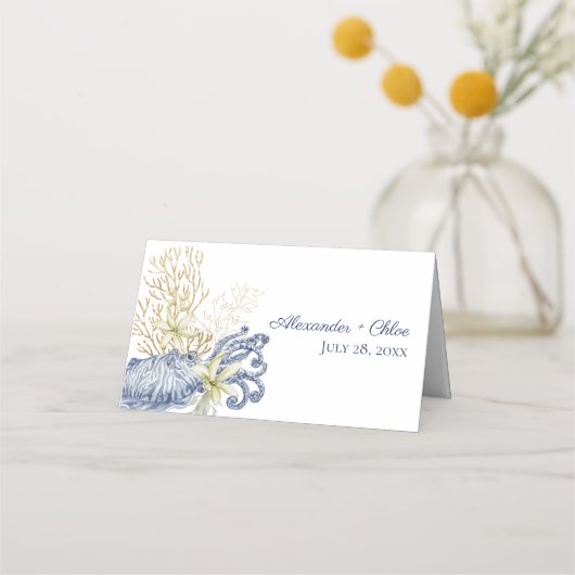 Shell Coastal Blue & Gold Folded Place Card Plaatskaartje (Achterkant)