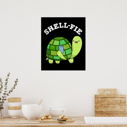 Shell-fie Funny Tortoise Selfie Pun Dark BG Poster (Keuken)