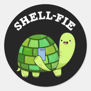 Shell-fie Funny Tortoise Selfie Pun Dark BG Ronde Sticker
