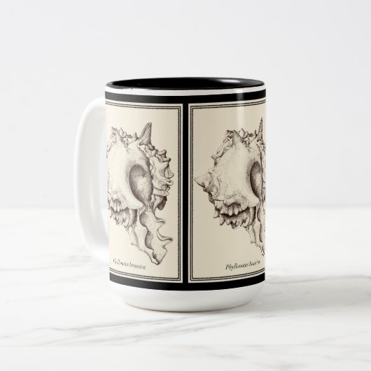 "Shell lover - I" zwarte & witte mok (Voorkant links)