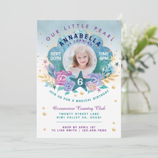 Shell Peal under the Zee Photo Birthday Invitation Kaart (Staand voorkant)