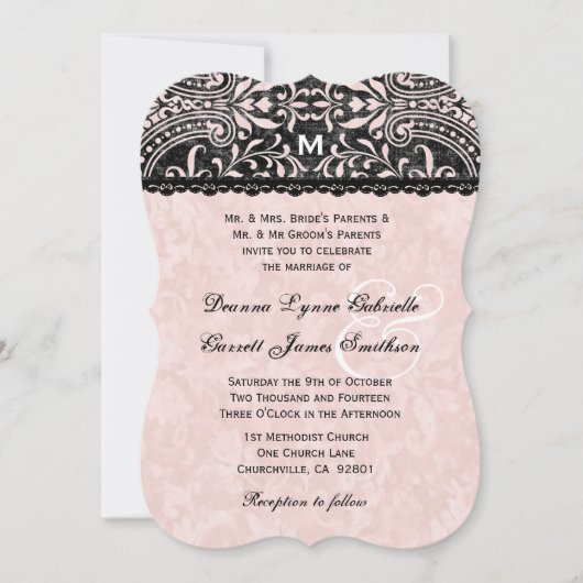 Shell Pink and Black  Damask Wedding A14 Kaart (Voorkant)