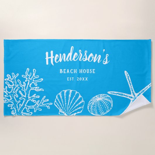  Shell Starfish Beach House Name Blue White Strandlaken (Voorkant)