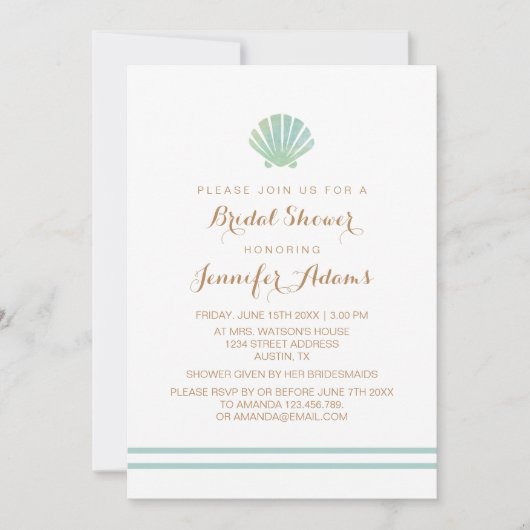 Shell Waterverf Aqua Bridal Shower Invitation Kaart (Voorkant)