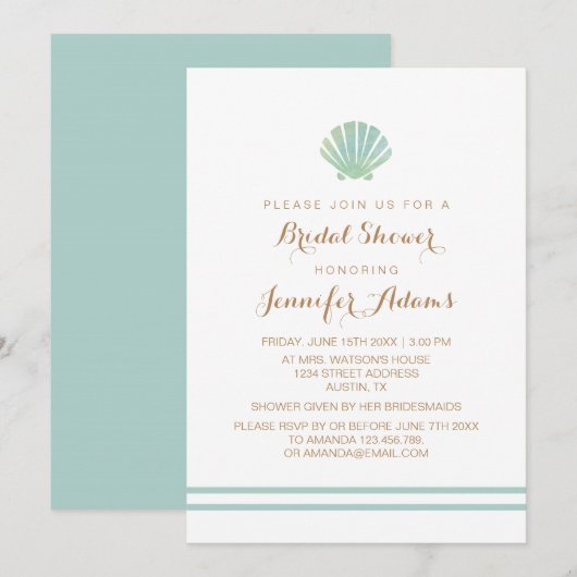 Shell Waterverf Aqua Bridal Shower Invitation Kaart (Voorkant / Achterkant)