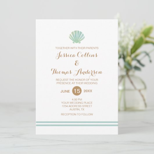 Shell Waterverf Aqua Wedding Invitation Card Kaart (Staand voorkant)
